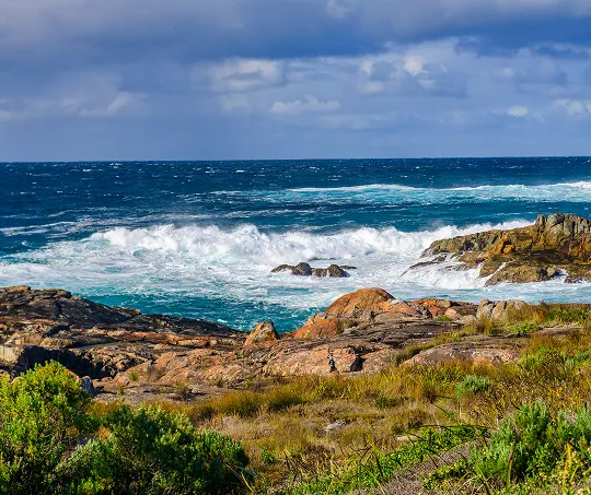 Rocky coastline with crashing ocean waves under a cloudy blue sky and green vegetation in foreground.