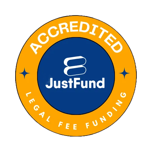 Orange circular badge with white text "ACCREDITED LEGAL FEE FUNDING" surrounding a blue center featuring the JustFund logo.